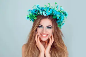 Woman wearing a floral crown symbolizing spring renewal and the equinox