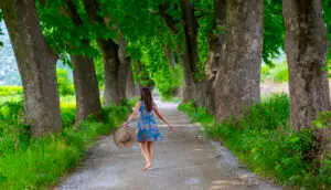 Woman walking barefoot along a peaceful tree-lined path.